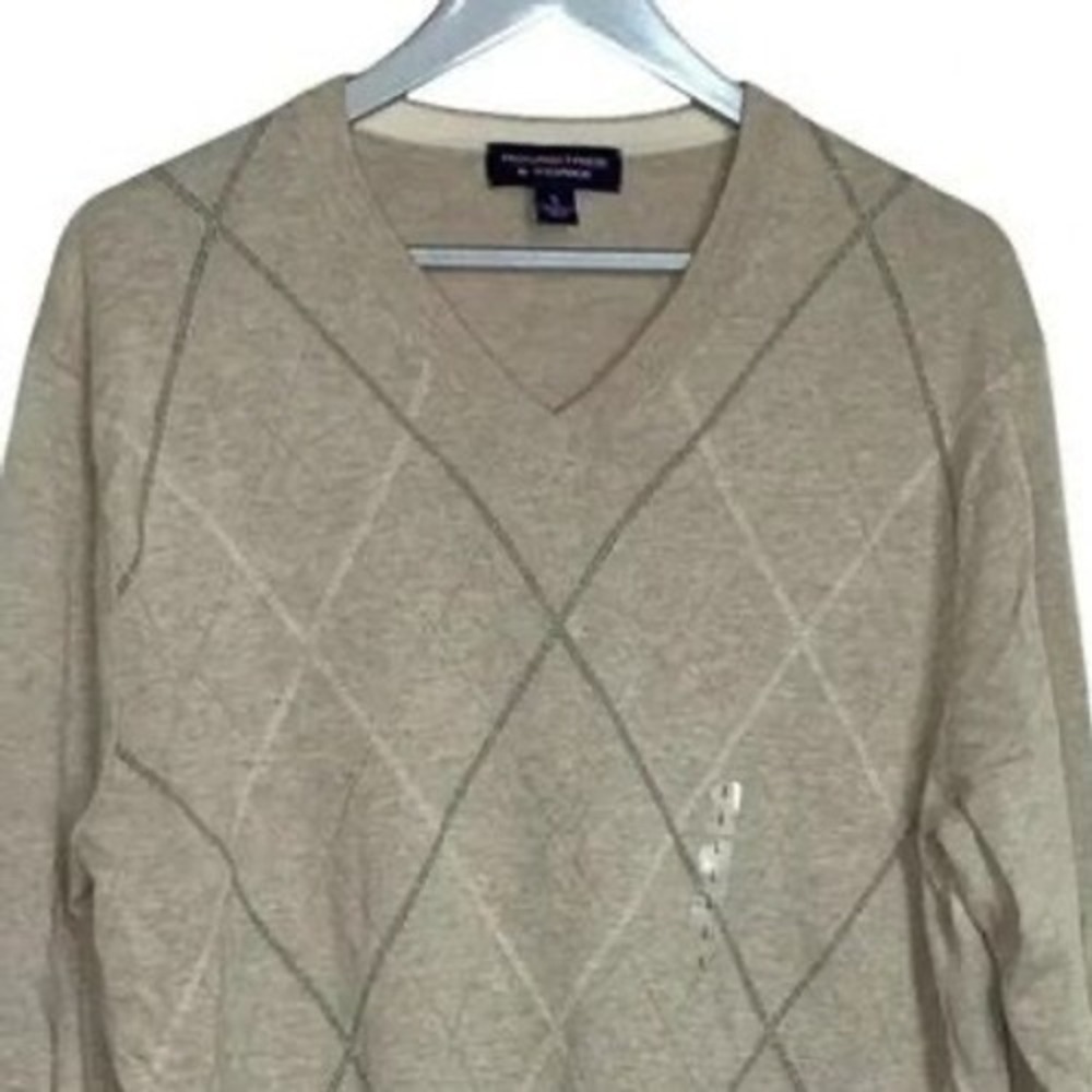 Roundtree & Yorke V-Neck Sweater L Tan Argyle Diamond Knit Pullover Cotton Blend